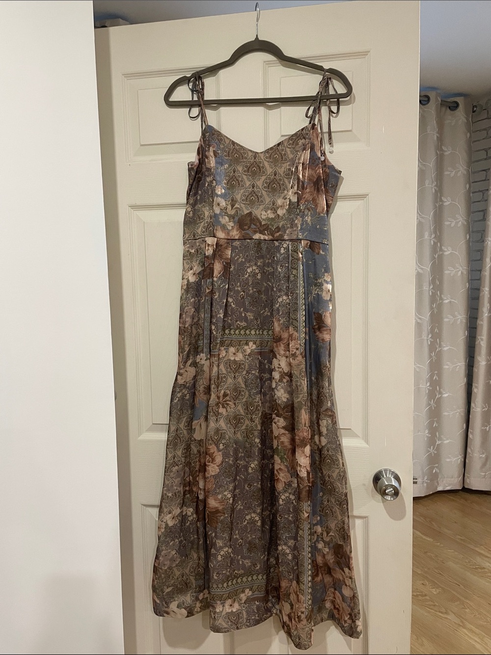 Boho Floral Tie-Strap Maxi Dress in Taupe Blue